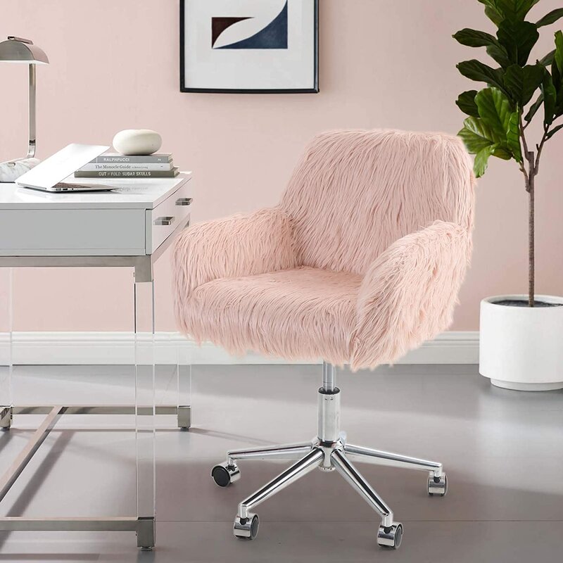 Fluffy Desk Chair%252C Cute Faux Fur Height Adjustable Swivel Vanity Accent Chair%252C Modern Accent Desk Chair With Arm Base For Office%252C Living Room%252C Bedroom And Dressing Room%252C Pink 